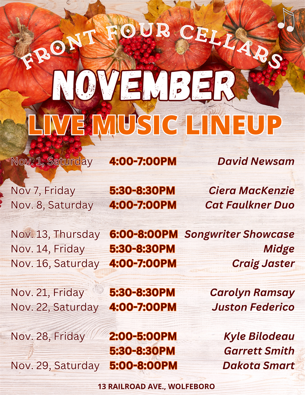 November Live Music Line Up November Live Music Line Up