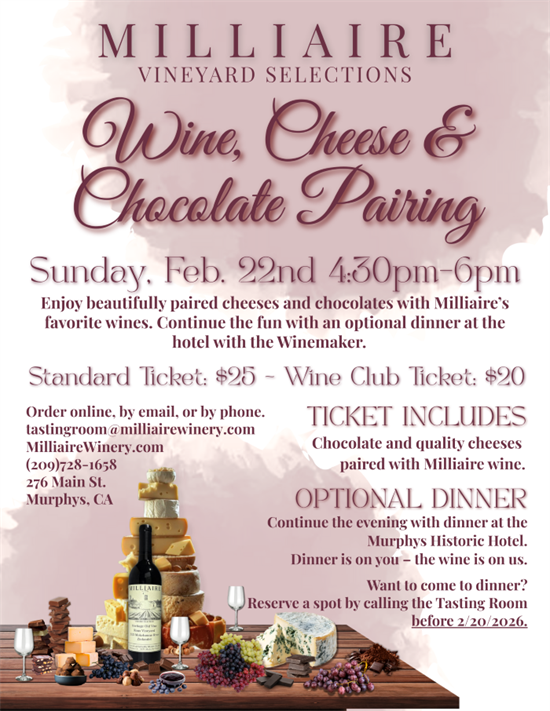 Ticket: Wine, Cheese, Chocolate Pairing 2026