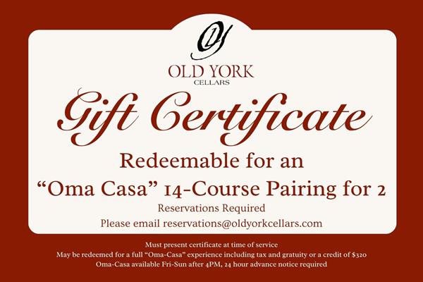 "Oma Casa"  14-Course Wine Pairing  for 2 Certificate